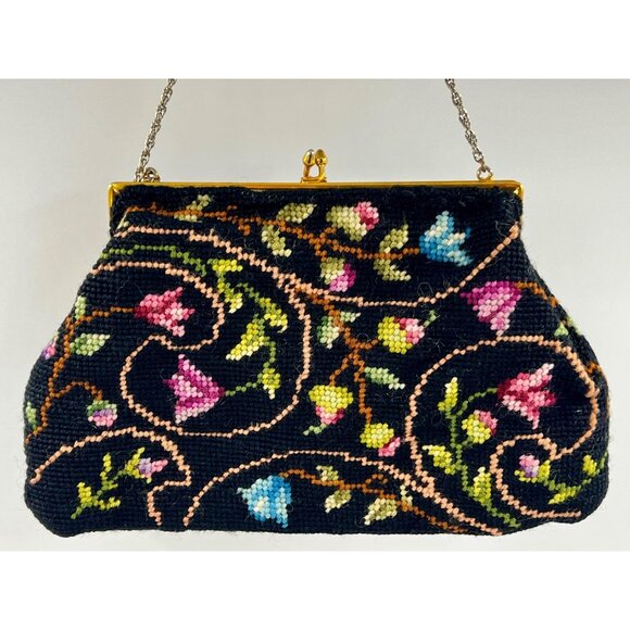VTG 1960s Crewel Handbag/Purse/Needlepoint/X-Stitch/Embroidered Black w-Flowers - Picture 2 of 9